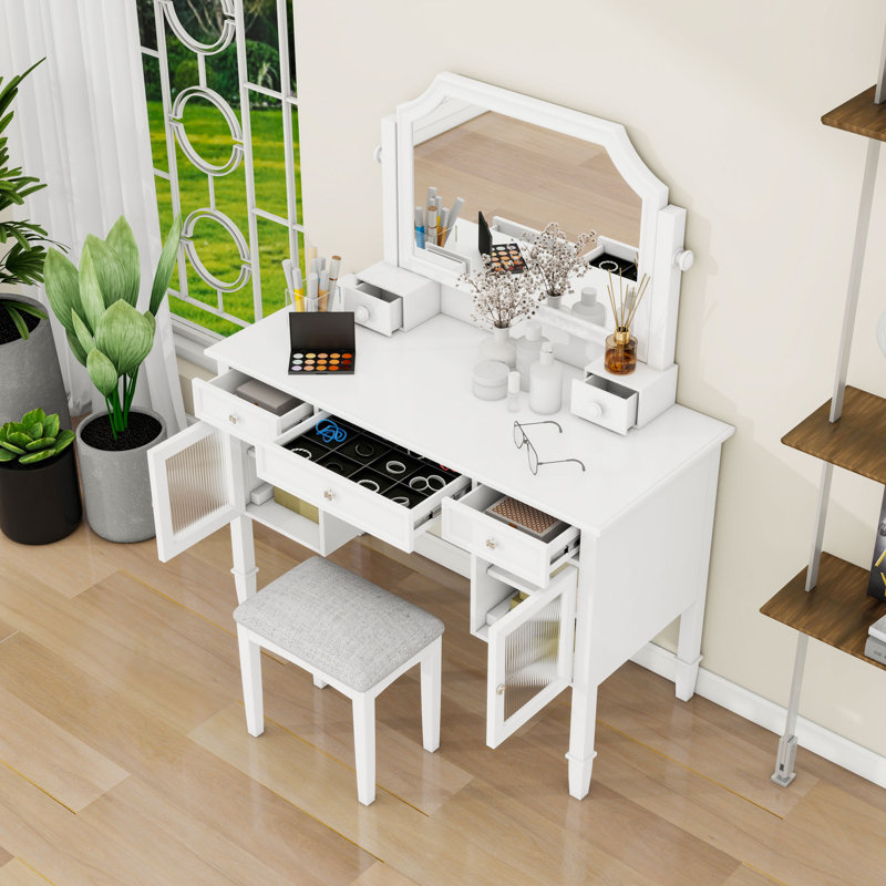 Bureau de coiffeuse avec miroir ajustable, 5 tiroirs, armoires et tabouret rembourré