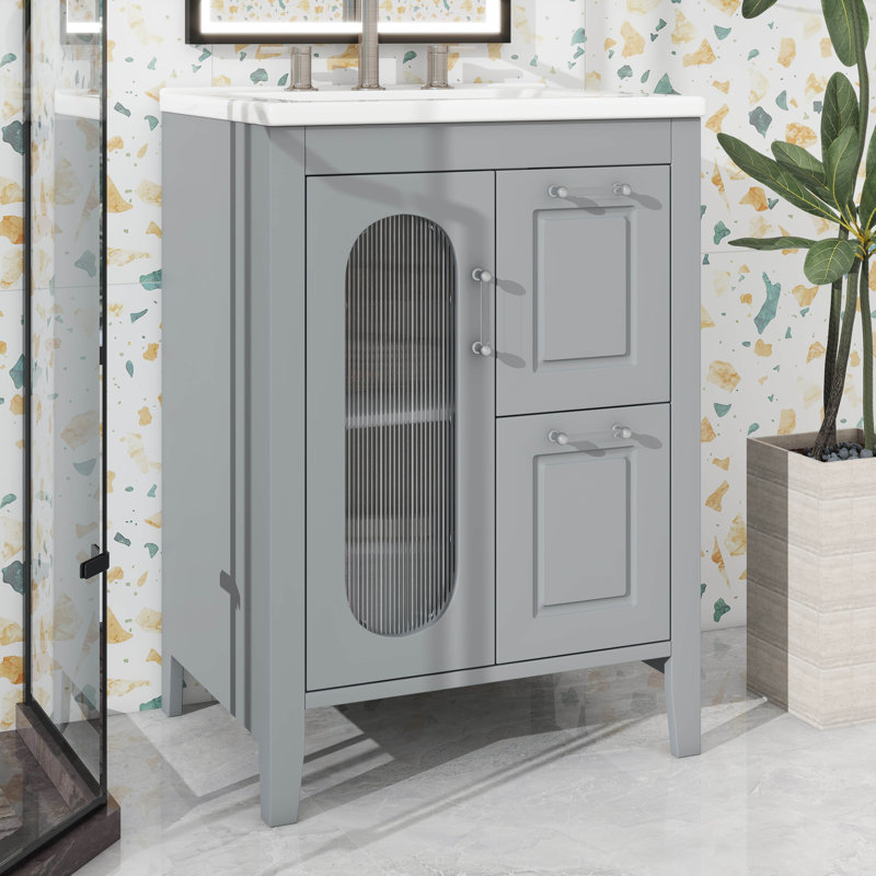 Meuble-lavabo sur pied 24 po avec lavabo, armoire de rangement en bois massif avec porte en verre et 2 tiroirs, meuble-lavabo sur pied avec lavabo en céramique
