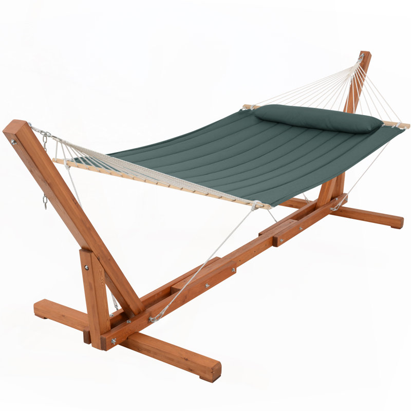 Hamac double matelassé pour 2 personnes avec support de hamac réglable en bois de 12 à 14 pieds, Vert
