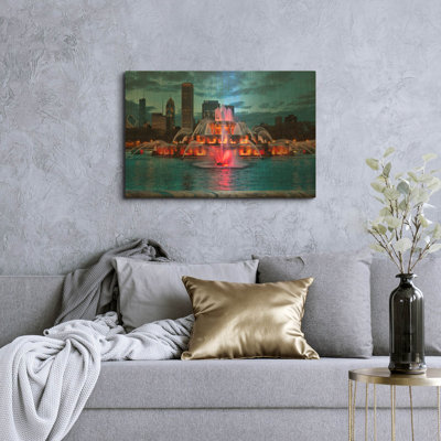  «Buckfountain Red Colors» par Larry Malvin, art mural en métal doré, 36 po x 24 po