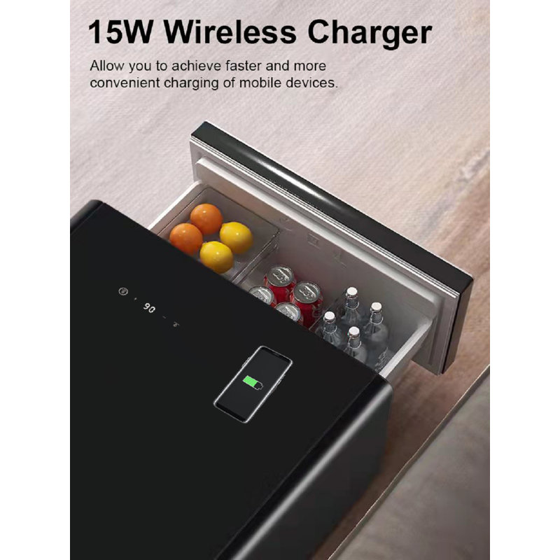 Black High Gloss Smart End Table with Fridge Drawer and Charging Station