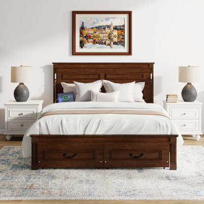 Queen Size Bed with Tall-Panel Headboard & Footboard, 2 Storage Drawers, Built-in LED Lights, USB Charging Station, Pinewood Bed with Strengthened Bed Frame