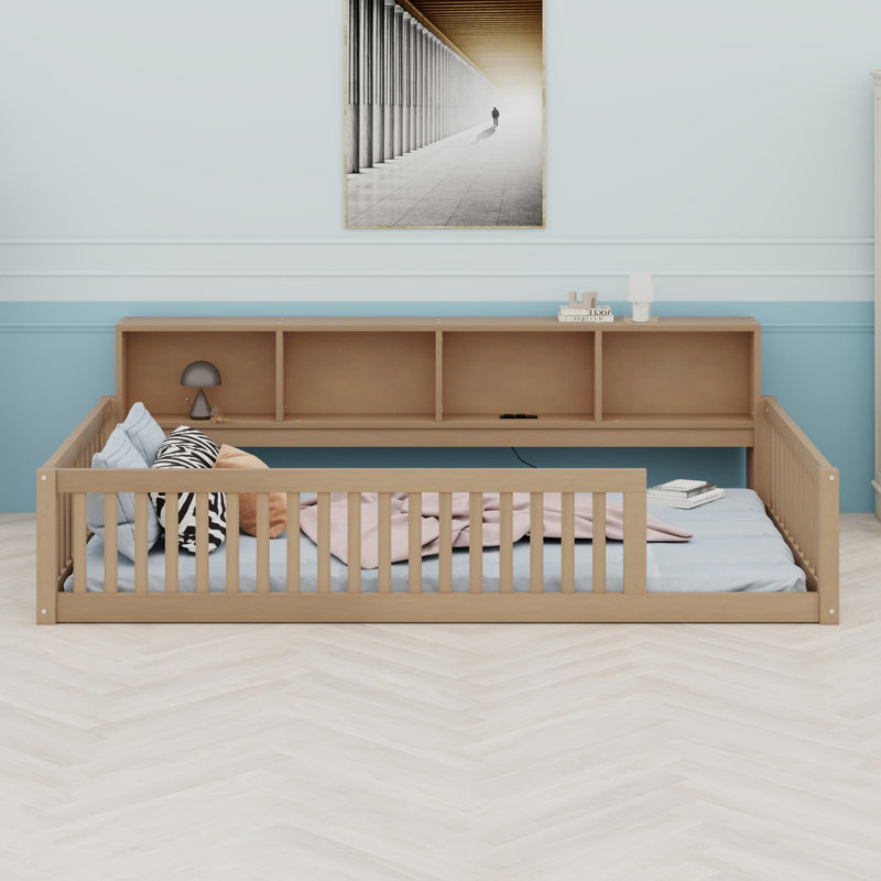 Lit au sol avec armoires de rangement et ports USB, Brun