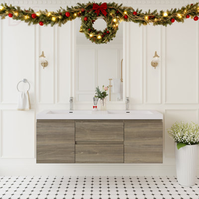 Meuble-lavabo flottant 60 po avec lavabo, meuble-lavabo mural 60 po avec lavabo à surface solide, deux lavabos et tiroirs à fermeture en douceur entièrement assemblés