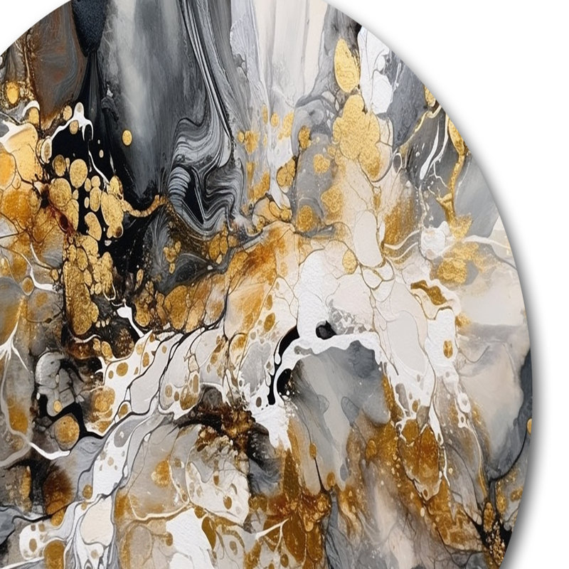Grey Gold Delicate Abstract Brushstrokes IV - Abstract Marble Round Wall Art on Metal, 16" H x 16" W x 1" D