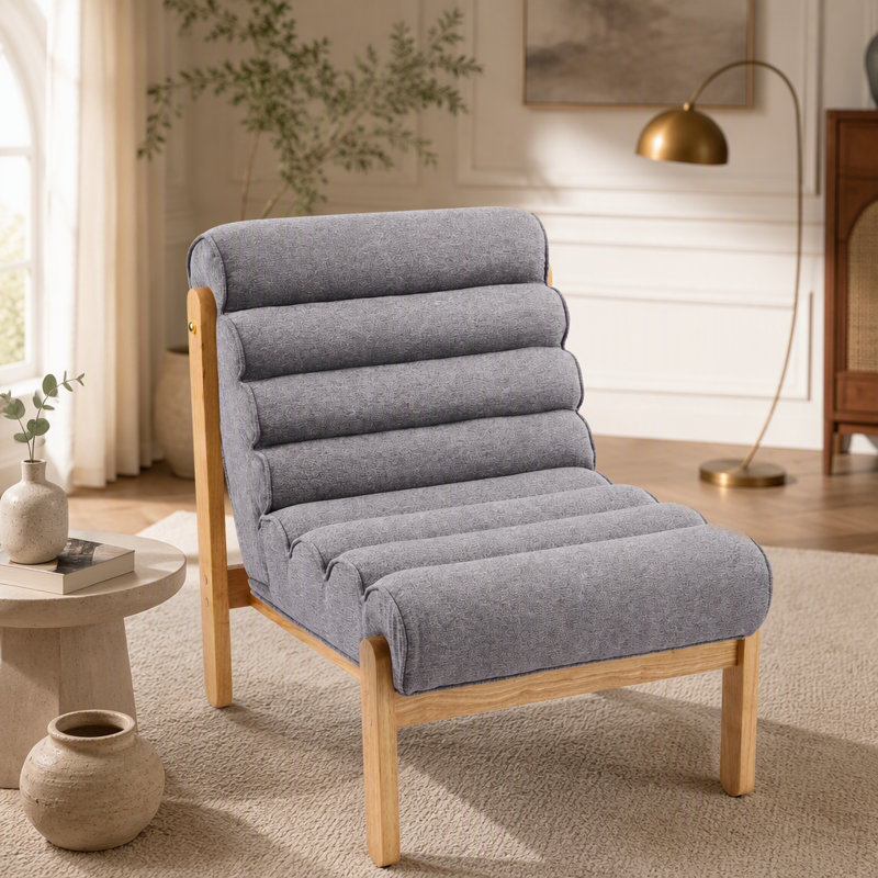Chaise d'appoint Living Fluffy grise avec structure en bois massif naturel, Dark Gray Polyester, Natural