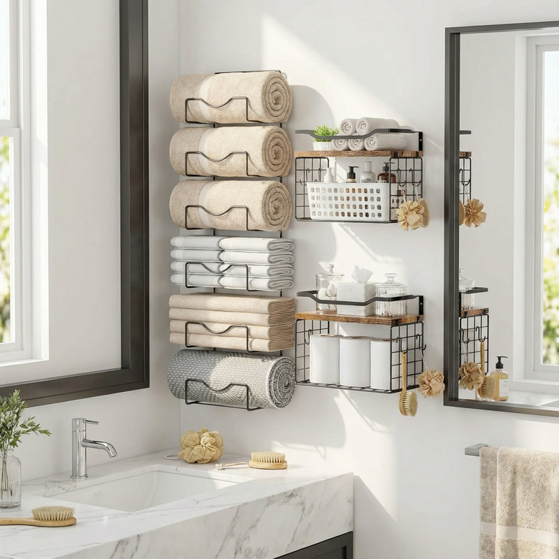 6-Tier Bathroom Towel Rack Wall Mounted, Metal and Wood Holder with Floating Shelves for Rolled and Folded Towels, Full Black Organizer
