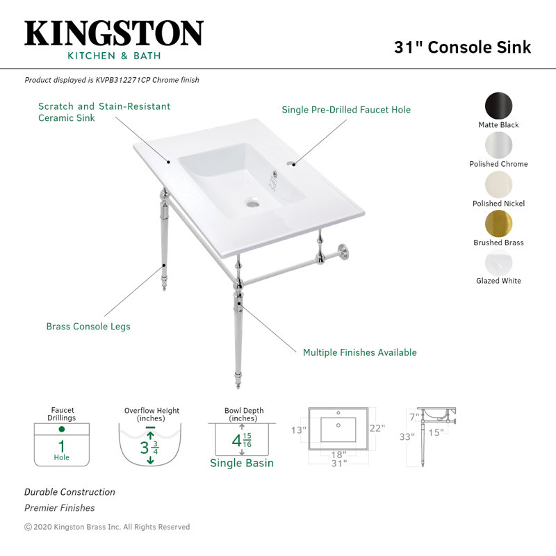 Kingston Brass Edwardian 31-Inch Ceramic Console Sink with Brass Legs, White/Polished Nickel, Single