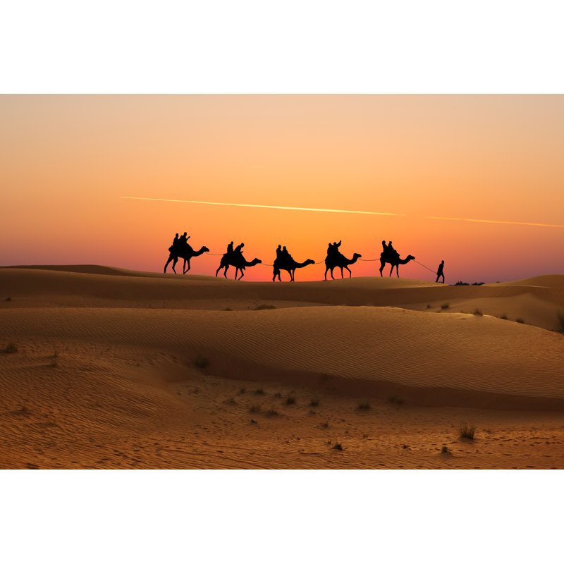 Camels Caravan With People On Desert At Sunset - Wrapped Canvas Print, 30cm H x 46cm W x 3.8cm D