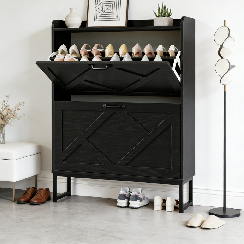 Shoe Cabinet Organizer With Flip Drawers, Freestanding Narrow Rack With Metal Legs, Farmhouse Slim Shoe Storage For Entryway Foyer Hallway