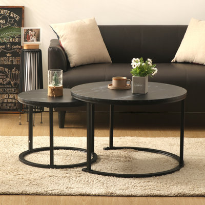 Modern Marble Coffee Table Waterproof Wooden Desktop Metal Frame 2 Nesting Coffee Tables