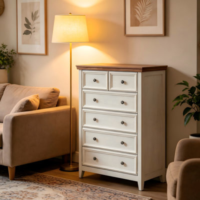 Beige 6-Drawer Farmhouse Dresser, Modern Freestanding Chest Of Drawers, Clothes Storage Cabinet Organizer For Bedroom Living Room