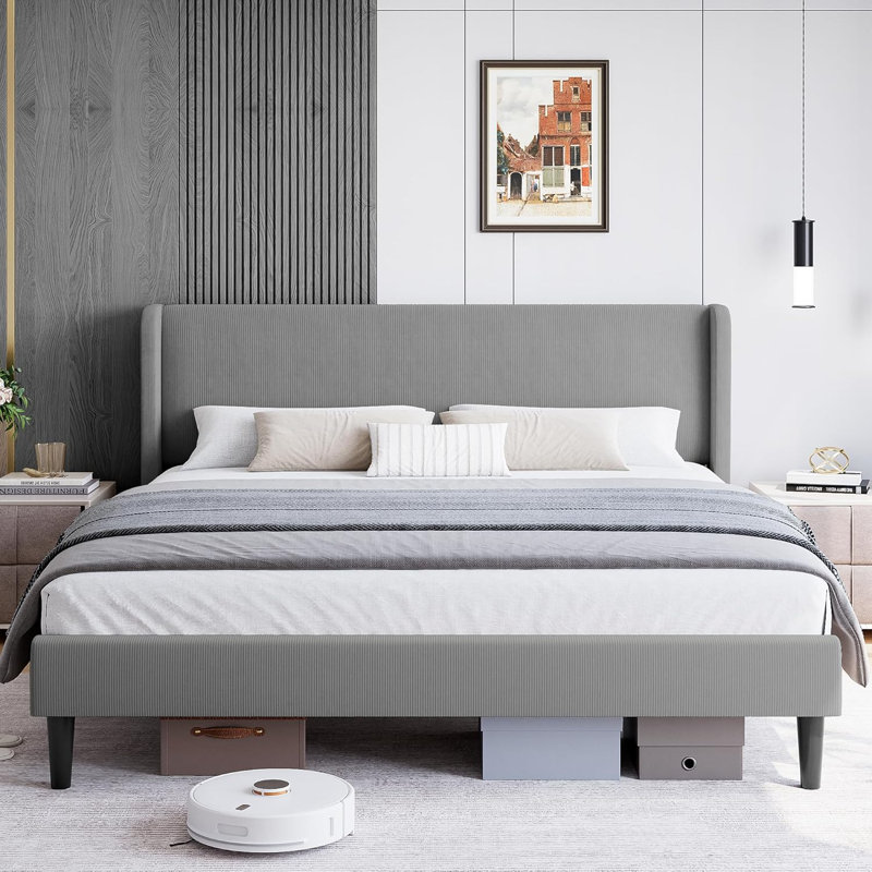 Bed Frame With Headboard, Upholstered Bed Frame With Wood Slats, Sturdy Support Feet, No Box Spring Needed, Gray, Queen