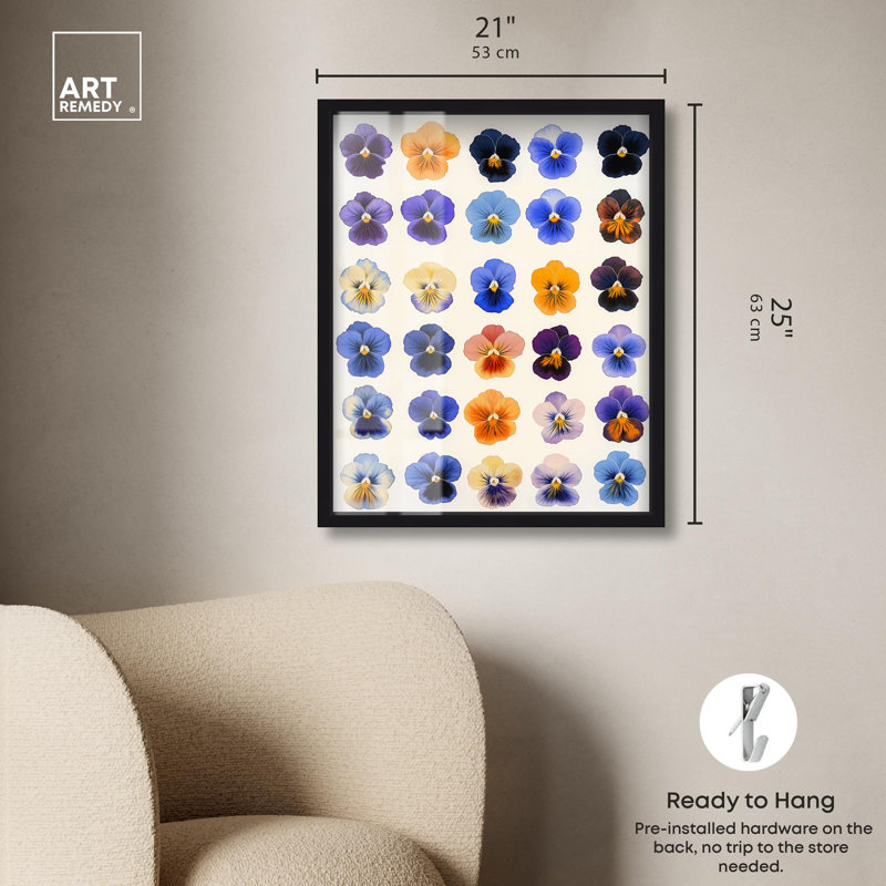 «Pansy Patch Grid I Shadowbox Print Flower Art Decor» par Art Remedy, H 25 po x l 21 po, Noir