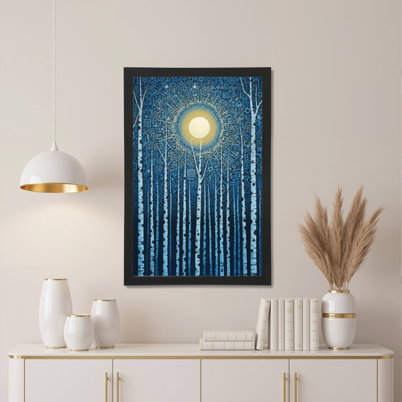 Ensemble de 1 tableau sur toile tendue à motif clair de lune dans une forêt de bouleaux bleus, H 30 po x l 20 po