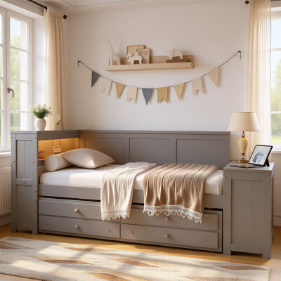 Full Size Daybed with Storage Shelves, Drawers, Trundle, Desk, LED Light and Charging Station, Multifunctional Wooden Daybed with Cabinet for Bedroom by Latitude Run