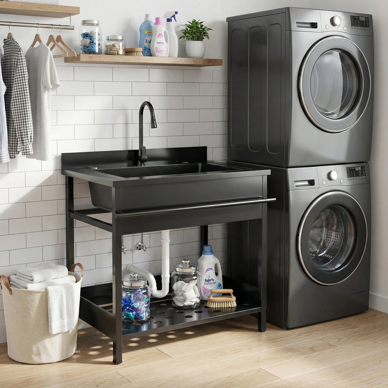 Évier utilitaire autoportant de 39 po en acier inoxydable avec robinet coulissant chaud / froid, lavabos robustes pour salle de lavage, garage, atelier, serre, soins pour animaux de compagnie