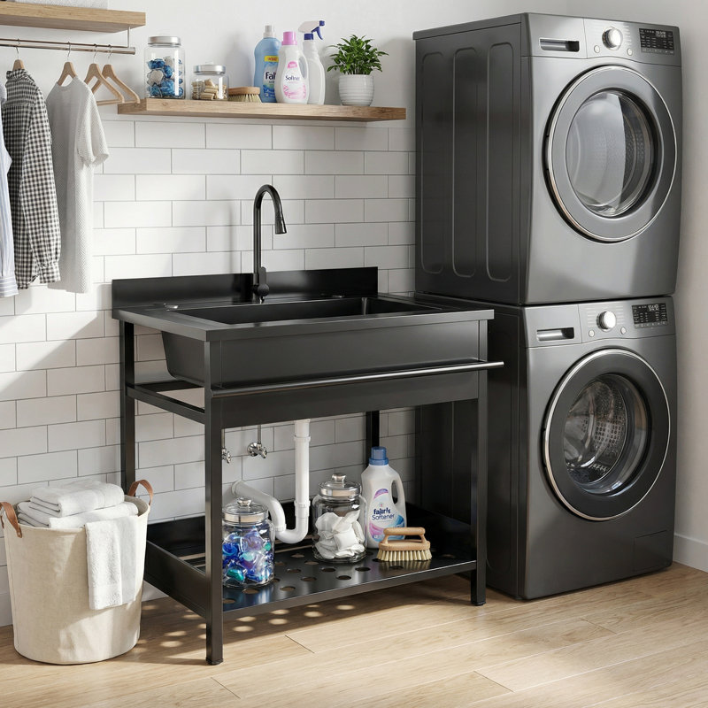 39" Stainless Steel Freestanding Utility Sink With Hot/cold Pull-out Faucet, Heavy-duty Laundry Sinks For Laundry Room, Garage, Workshop, Greenhouse, Pet Care