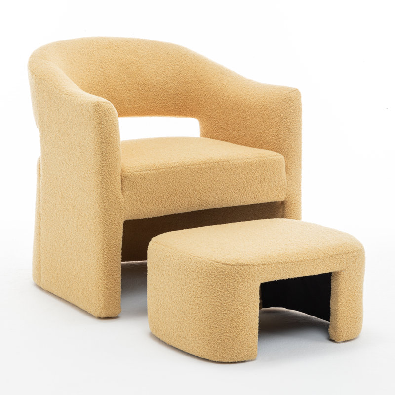 Upholstered Barrel Chair With Ottoman, Yellow Faux Fur