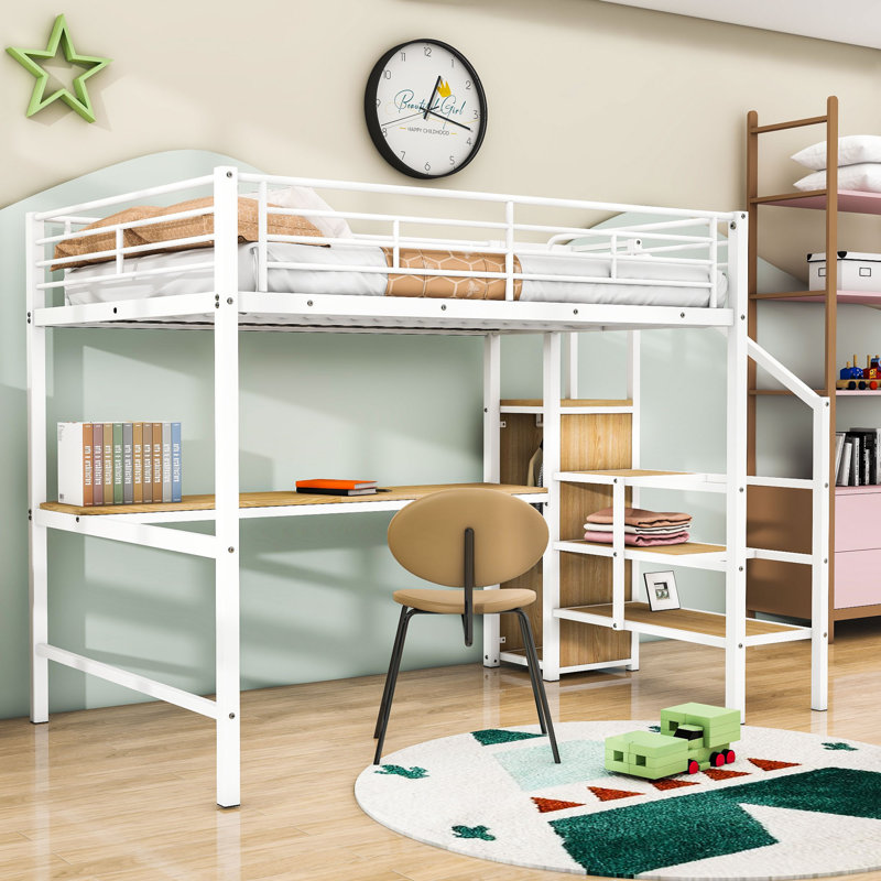 Kuhns Kids Full Loft Bed with Desk, LED Light and Wardrobe