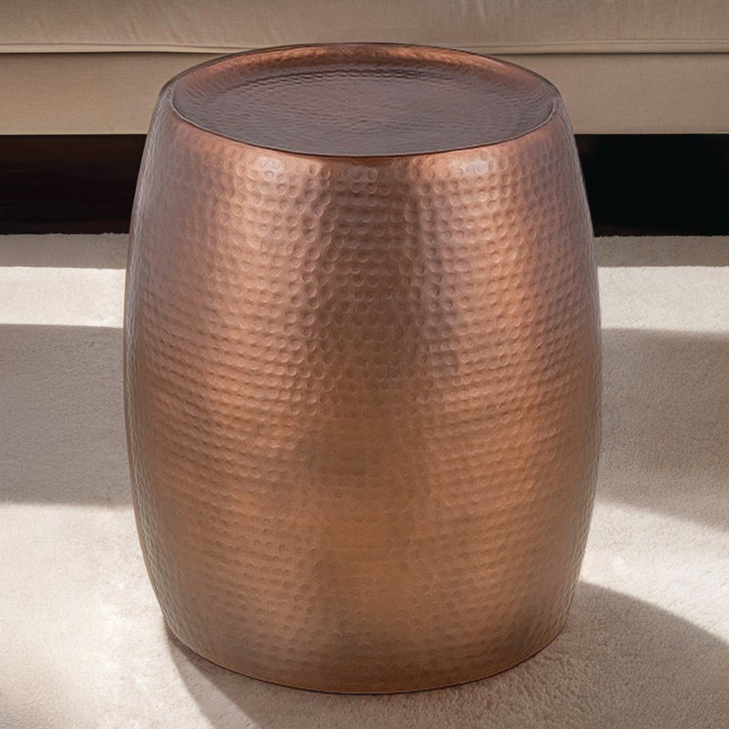 Contemporain, table d'appoint en aluminium, aspect martelé brillant à la main, cuivre antique, 18 po de largeur, installation rapide moderne, extrémité haute de 21 po, texture, trois finitions, compact pour les espaces