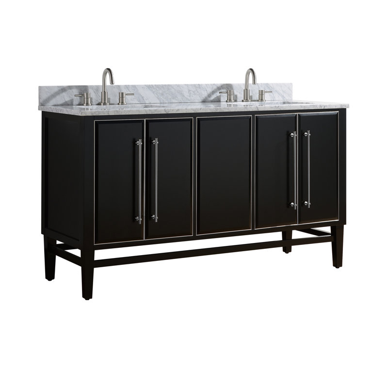 Mason 60" Double Bathroom Vanity with Carrara Marble Top, Carrara White, Black, Brushed Silver