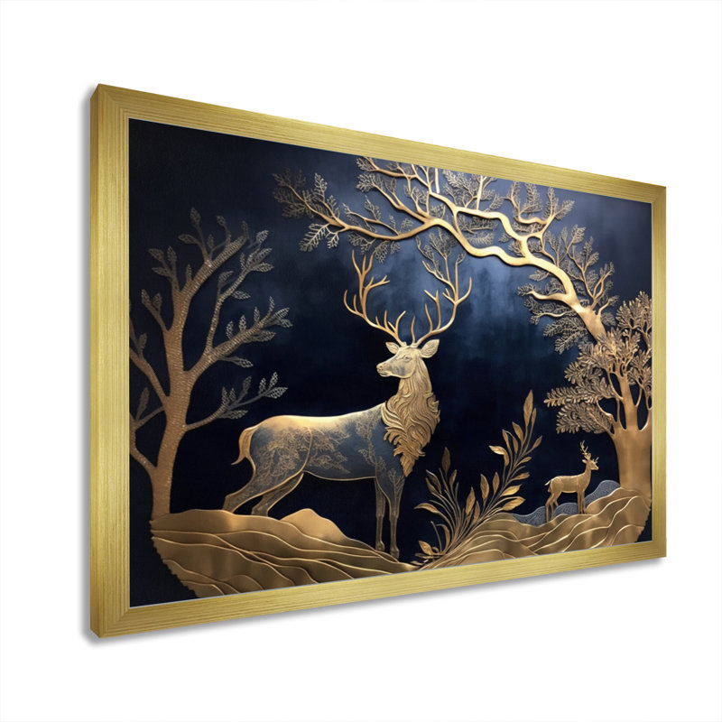 Cerf doré dans la forêt II - art mural forêt, Cadre doré simple, H 30 po x l 40 po x P 1,5 po