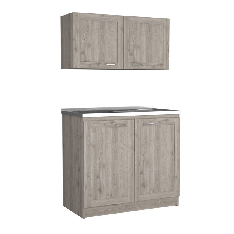 Ashura 2-pc Kitchen Cabinet Set includes Countertop base unit and wall mounted Cupboard, Light Gray