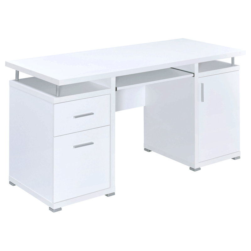 Armoire blanche de bureau d'ordinateur à 2 tiroirs 1 tiroir moderne 55 pouces avec tablette réglable et plateau à clavier coulissant avec quincaillerie à finition argentée