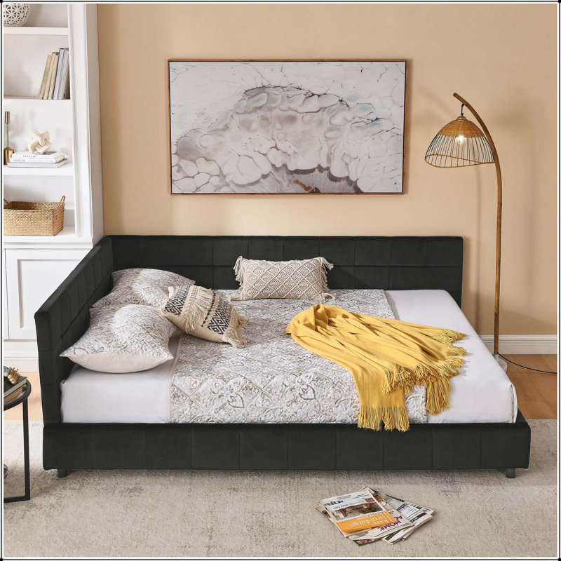 Comfortable Upholstered Sofa Bed Frame with Stylish Backrest and Armrests for Versatile Use, Black