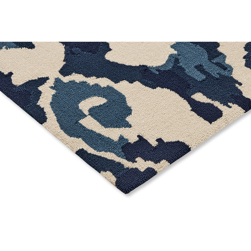 Kasuri Hand Hooked Ikat Area Rug in Indigo/Ivory, Rectangle 8'2" x 11'6"