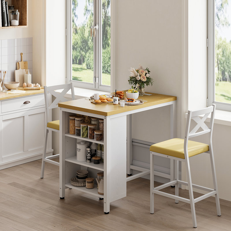  3-Piece Transitional Style Small Dining Room Set With Adjustable Storage Shelves, 35'' W Counter Height Dining Table Set With 2 PU Upholstered Chairs For Small Space, Breakfast Nook, Living Room And Study Room