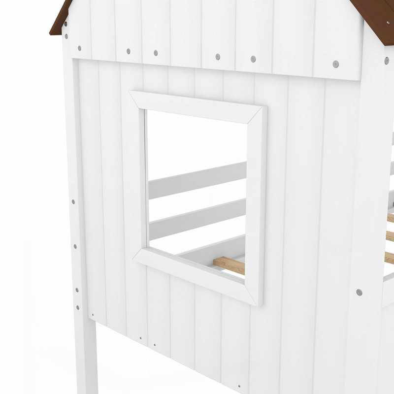 Lit en bois avec deux fenêtres latérales, Blanc / Brun
