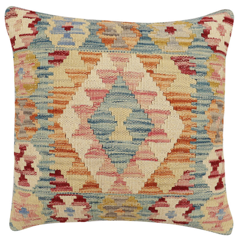 Oreiller rustique en kilim tissé à la main Caballer - 17 po x 18 po Rustic, H 16 po x l 18 po, Bleu / rouille / rouge / gris