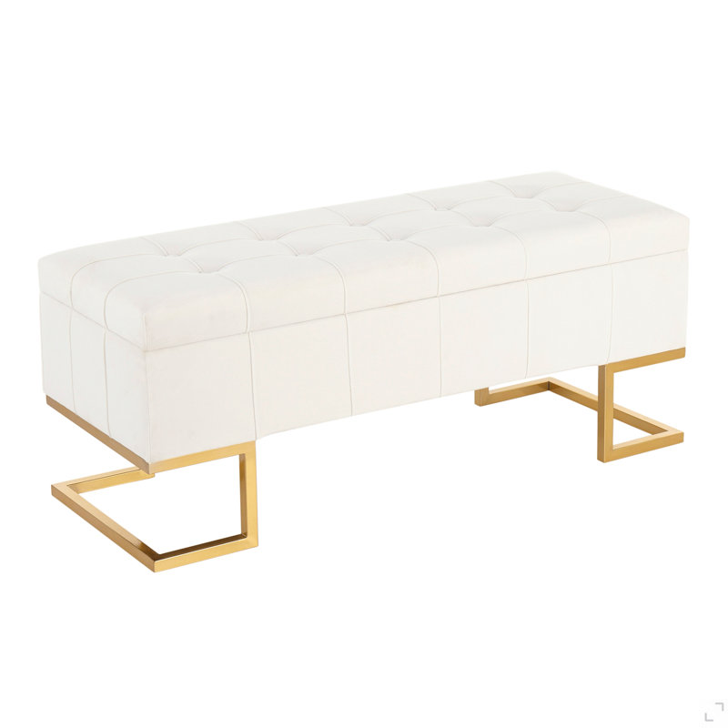 Banc de rangement contemporain en acier doré et velours blanc