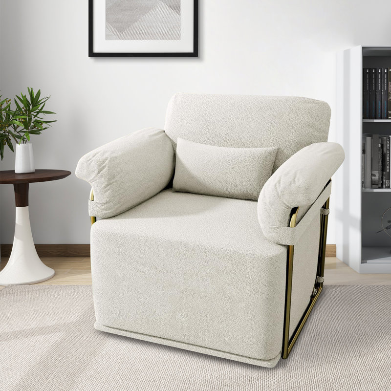 Modern Boucle Swivel Accent Chair, Oversized Armchair with Gold Frame, Off-White, Beige