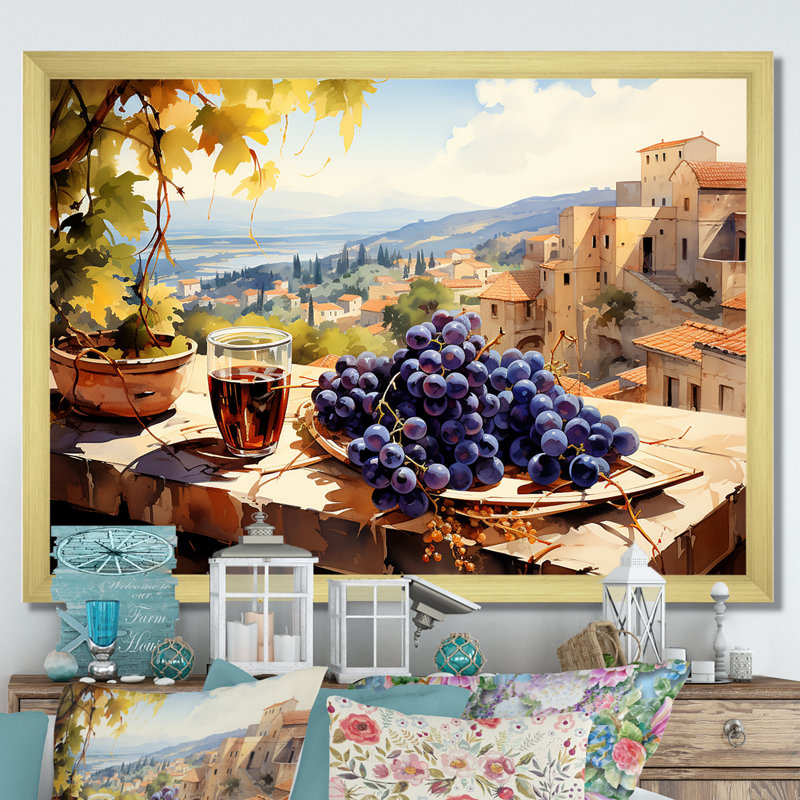 «Mauve Vineyard Tuscan balcon Views - Wine», art mural, H 16 po x l 32 po x P 1 po, Cadre doré à coins fermés