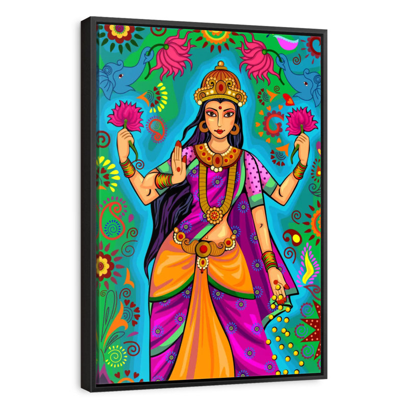 Déesse indienne Lakshmi, Cadre flottant noir, 29 po x 43 po