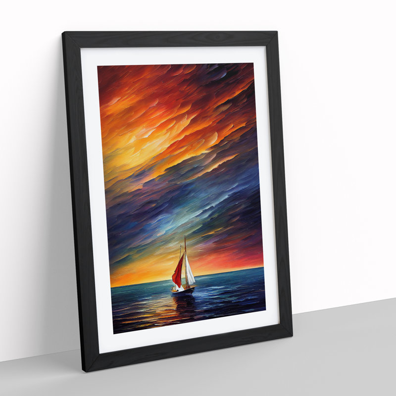 Boat At Sunset No.2 - Single Picture Frame Painting, 64cm H x 46cm W x 2cm D, Black