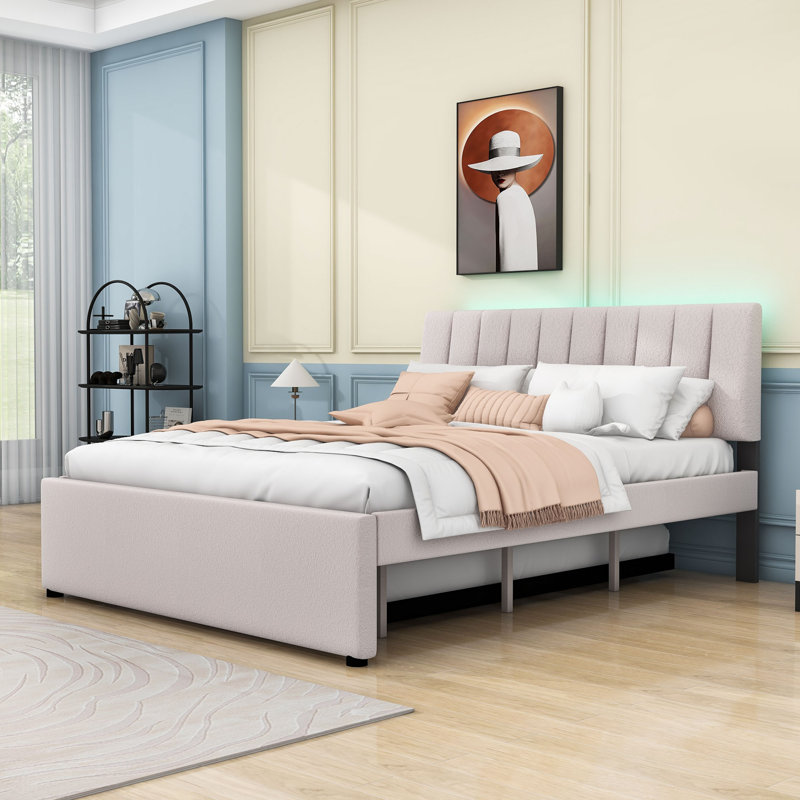 Lit plateforme tapissier avec lit gigogne et lumières DEL, Beige, Grand