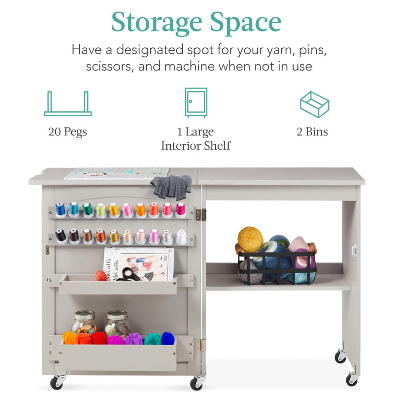 Gray Folding Sewing Table with Storage and Wheels