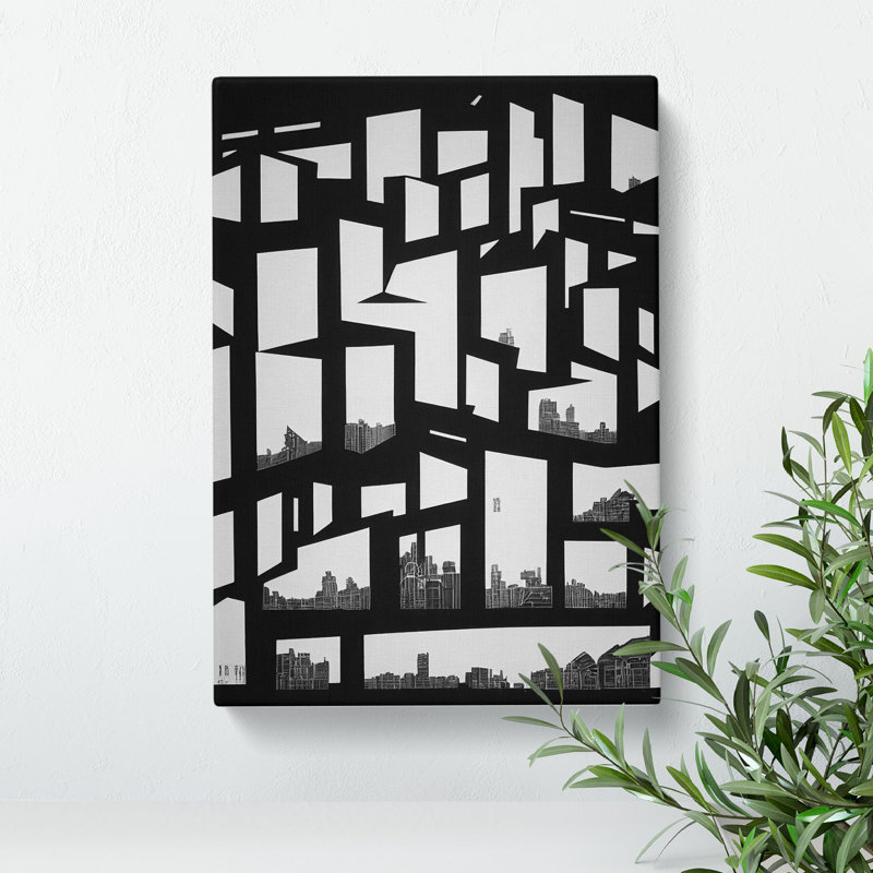 Monochrome City Skyline Abstract No.3 - Wrapped Canvas Print, 64cm H x 46cm W x 2cm D, Black Framed