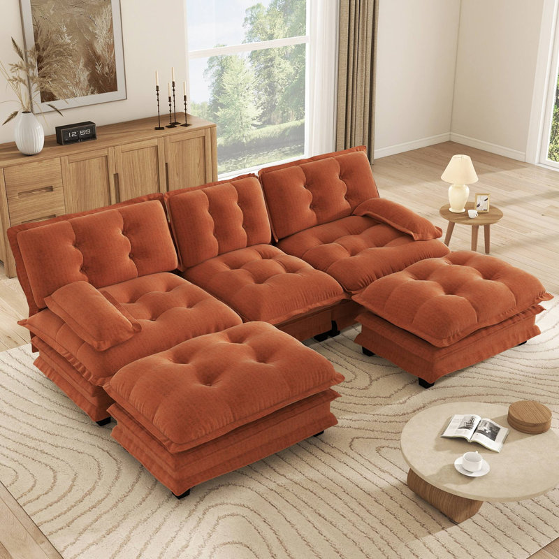 Canapé modulaire en forme de U 107 po à 3 places avec 2 repose-pieds assortis, canapé rembourré en chenille et coussins de siège en treillis
