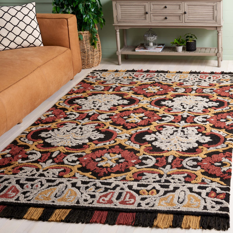 Blossom Tufted Wool/Cotton Performance Oriental Rug in Red/Charcoal, Rectangle 3' x 5'