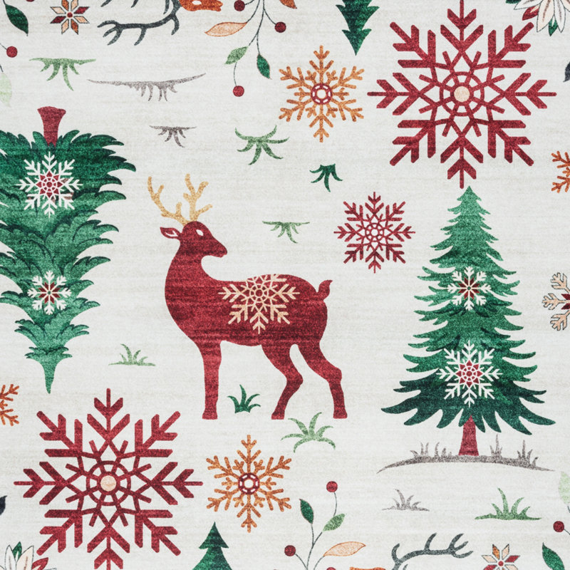  Lilirose Crystal Print Rudolph Christmas Modern Reindeer Polyester Washable Flat Pile Indoor Area Rug, Runner 2'2" x 6'