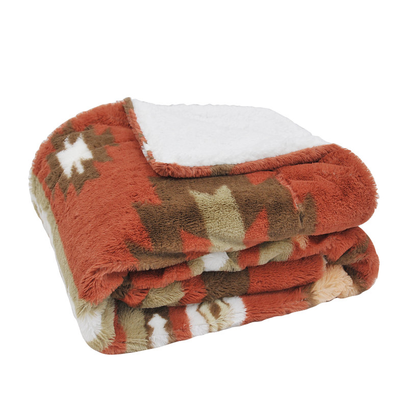 Southwest Faux Fur Sherpa Throw Blanket, Rouge brique, L 80 po x l 60 po
