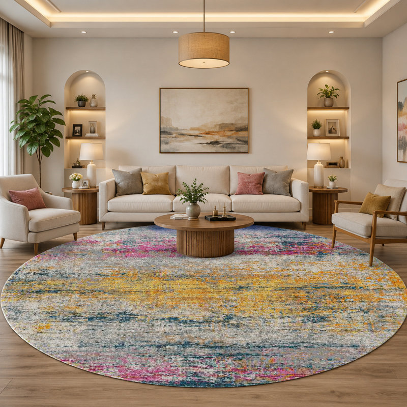Tapis rose / orange à motif abstrait durable Nieve, Rond 7 pi 6 po