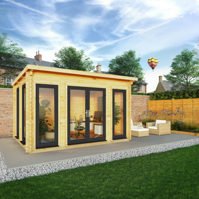 13ft x 10ft Studio Pent Log Cabin UPVC Windows & Doors (44mm)