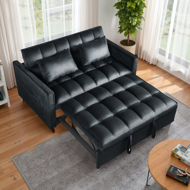 3 in 1 Convertible Sleeper Sofa Bed, Holland Velvet Futon Couches, Chaise Lounge for Living Room with Side Pocket
