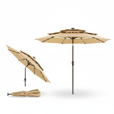 Parasol de patio de 10 pi avec manivelle et inclinaison, parasol de table d'extérieur à 3 niveaux avec 8 baleines et auvent ventilé pour piscine de terrasse